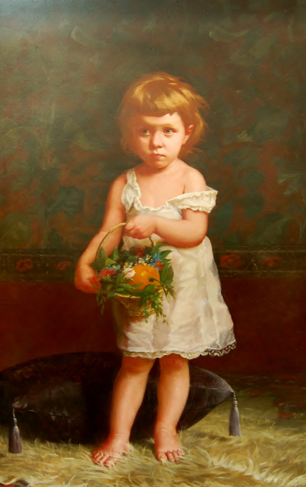 Portrait of a Little Girl with a Basket of Flowers and Orange